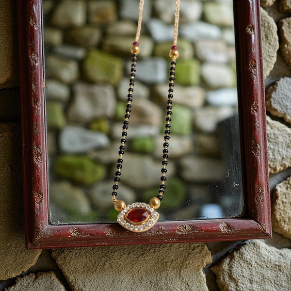 Classic Gold-Plated Ruby Pendant Mangalsutra with Black Beads – Indian Ethnic Jewelry