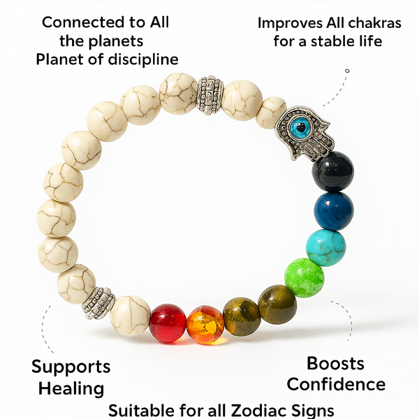 Natural Stone 7 Chakra Healing Bracelet with Evil Eye Charm