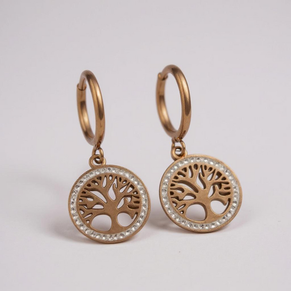 Classic Gold-Plated Tree of Life Drop Earrings with Pearl Border