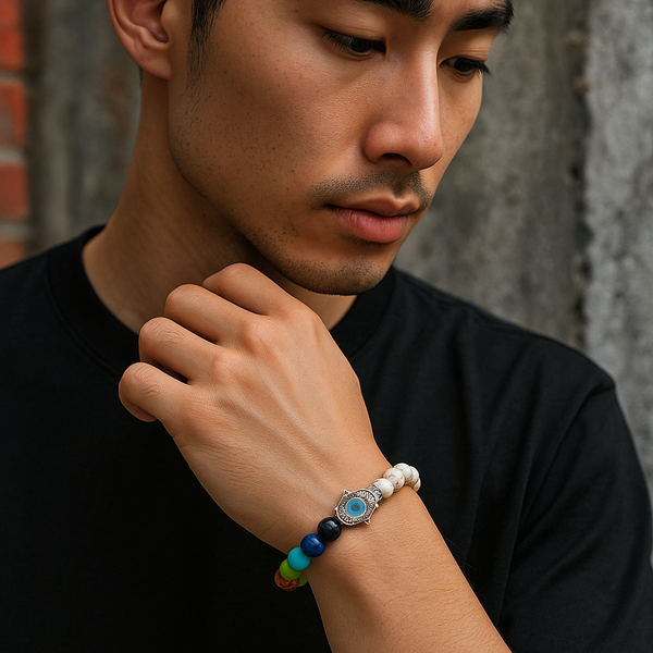 Natural Stone 7 Chakra Healing Bracelet with Evil Eye Charm