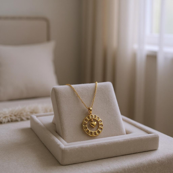 Luxury Gold-Plated Heart Necklace with Green Stone & Dangling Charms