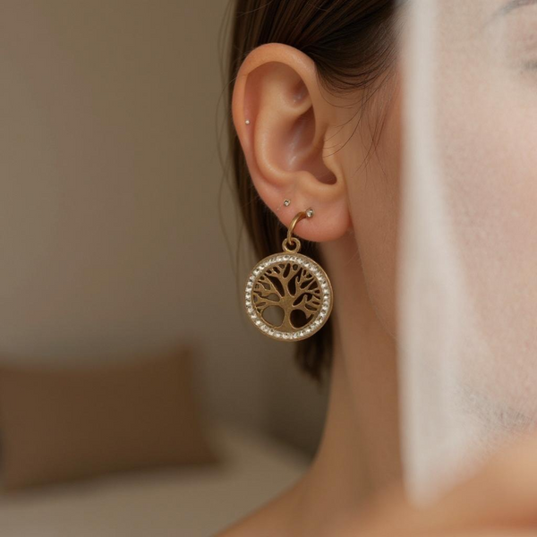 Classic Gold-Plated Tree of Life Drop Earrings with Pearl Border