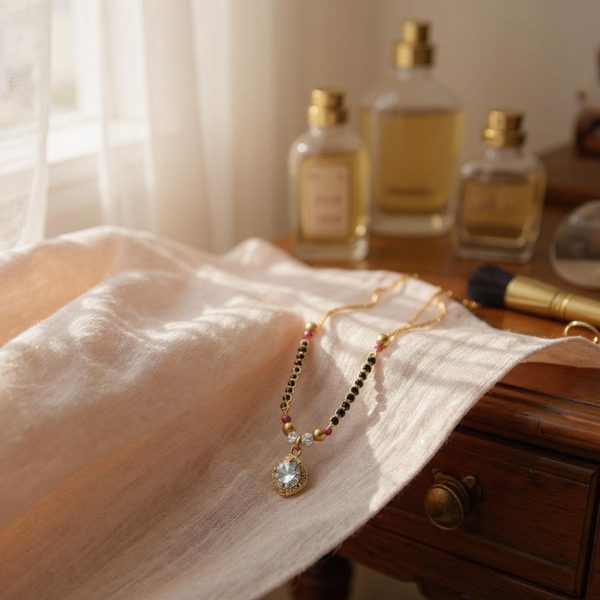 Designer Mangalsutra with Gold-Plated Pendant & Black Beads Chain