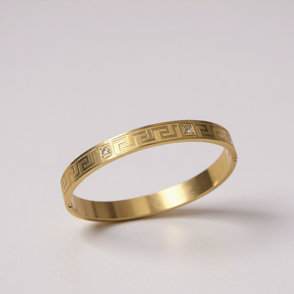 Designer Gold Bangle Diamond Bracelet with Geometric Engraving For Men