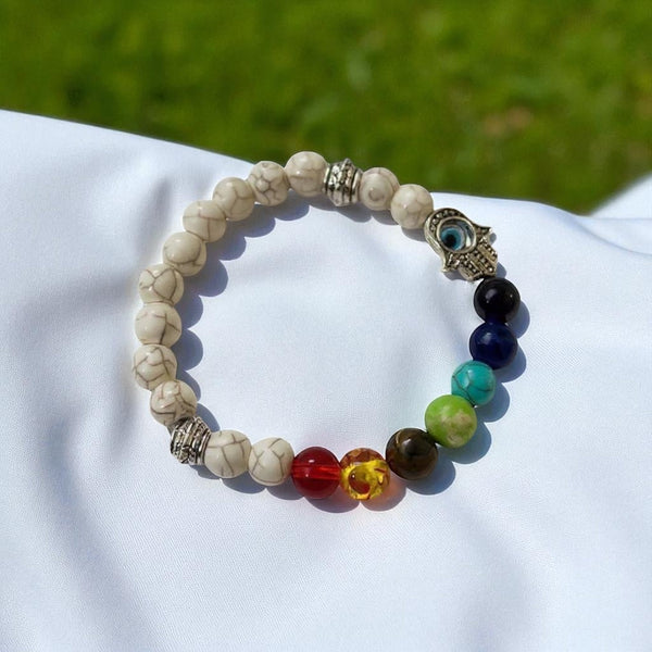 Natural Stone 7 Chakra Healing Bracelet with Evil Eye Charm