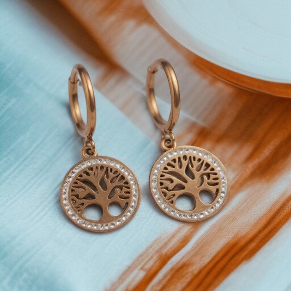 Classic Gold-Plated Tree of Life Drop Earrings with Pearl Border